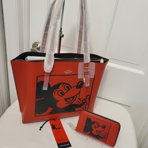 NWT Coach Disney Mickey Mouse X Keith Haring Leather Mollie Tote & Wallet Set - Picture 1 of 14